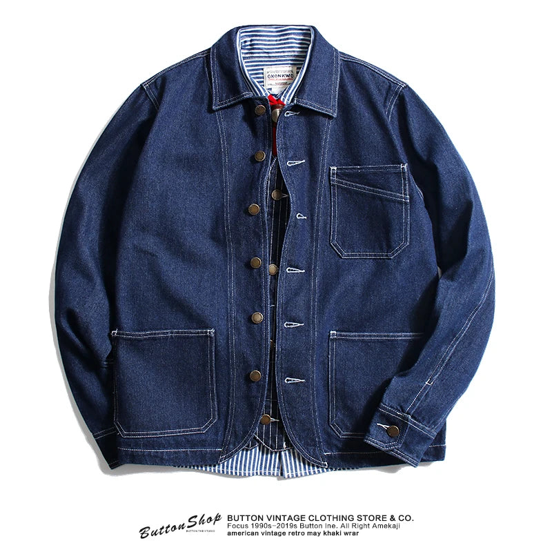 Retro Color Denim Jaet Slim Fit Striped Collar Men's Motorcycle Workwear Thi Autumn Outerwear Faion Urban Sle