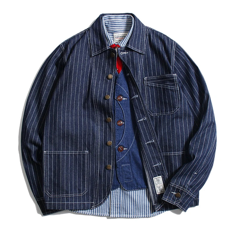 Retro Color Denim Jaet Slim Fit Striped Collar Men's Motorcycle Workwear Thi Autumn Outerwear Faion Urban Sle