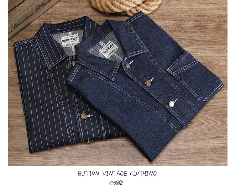 Retro Color Denim Jaet Slim Fit Striped Collar Men's Motorcycle Workwear Thi Autumn Outerwear Faion Urban Sle