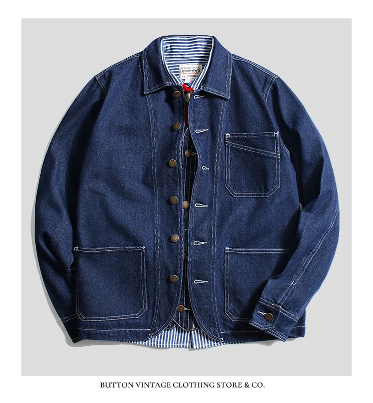 Retro Color Denim Jaet Slim Fit Striped Collar Men's Motorcycle Workwear Thi Autumn Outerwear Faion Urban Sle