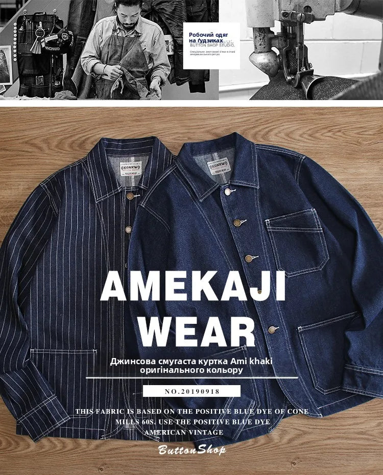 Retro Color Denim Jaet Slim Fit Striped Collar Men's Motorcycle Workwear Thi Autumn Outerwear Faion Urban Sle