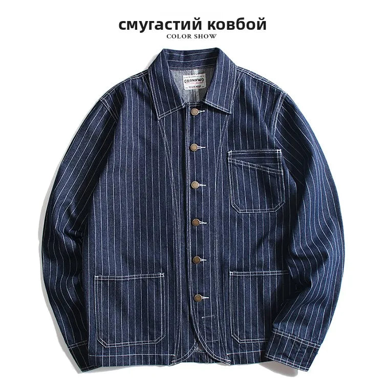 Retro Color Denim Jaet Slim Fit Striped Collar Men's Motorcycle Workwear Thi Autumn Outerwear Faion Urban Sle
