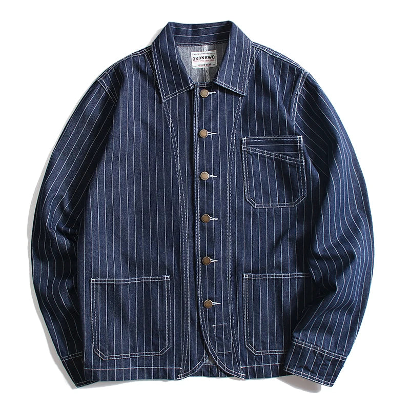 Retro Color Denim Jaet Slim Fit Striped Collar Men's Motorcycle Workwear Thi Autumn Outerwear Faion Urban Sle