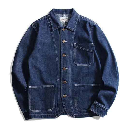 Retro  Color Denim Jaet Slim Fit Striped Collar Men's Motorcycle Workwear Thi Autumn Outerwear Faion Urban Sle